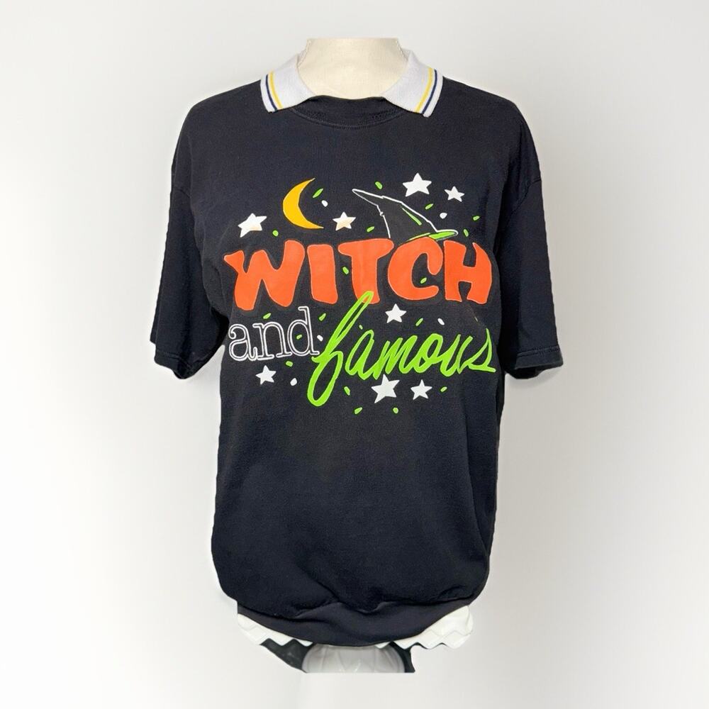 VTG Womens LG Gildan Shirt Witch And Famous‎ Collar Short Sleeve Black Halloween